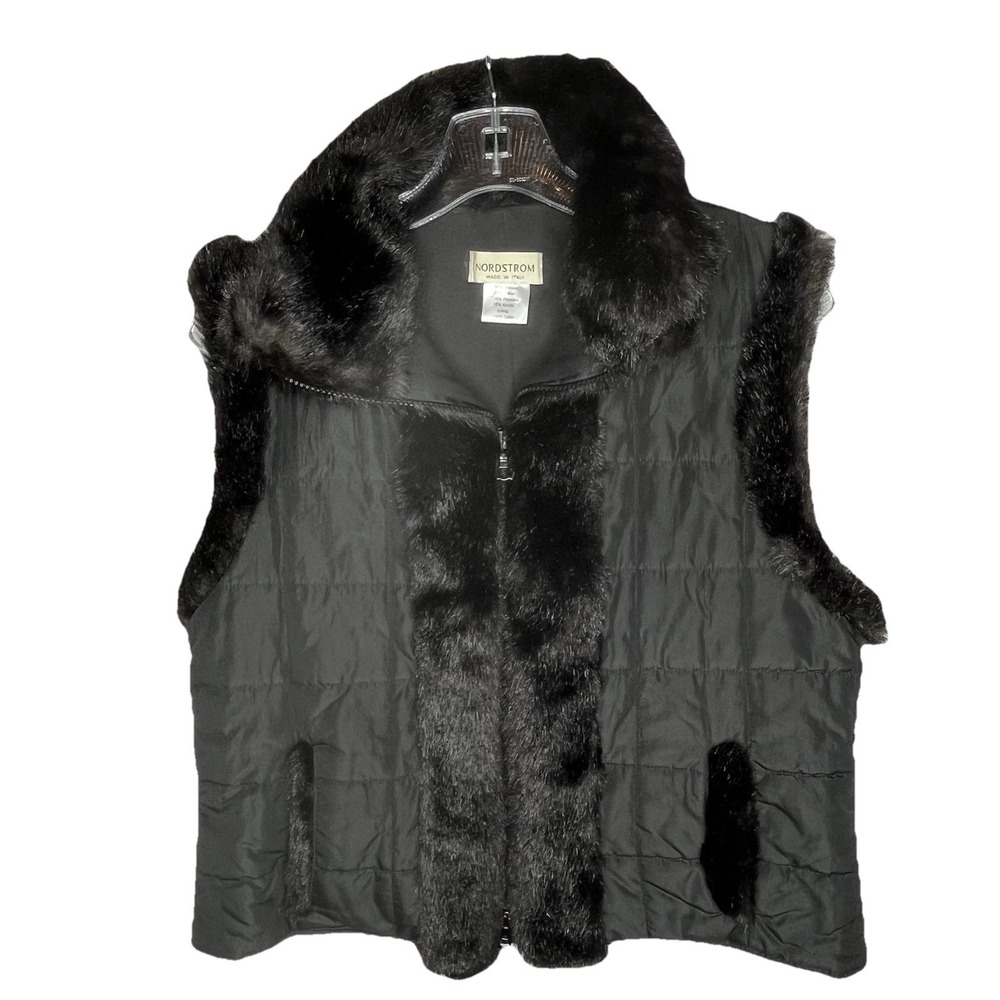 Nordstrom Made In Italy Woman's Black Quilted Vest M‎ / L Faux Fur Trim Luxury